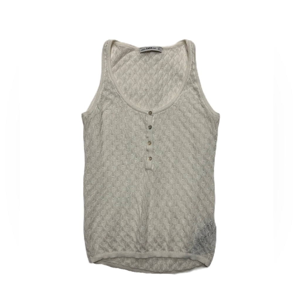 Zara Knit Tank Top Womens Medium Ivory Cream Crochet Open Knit Button Beachy